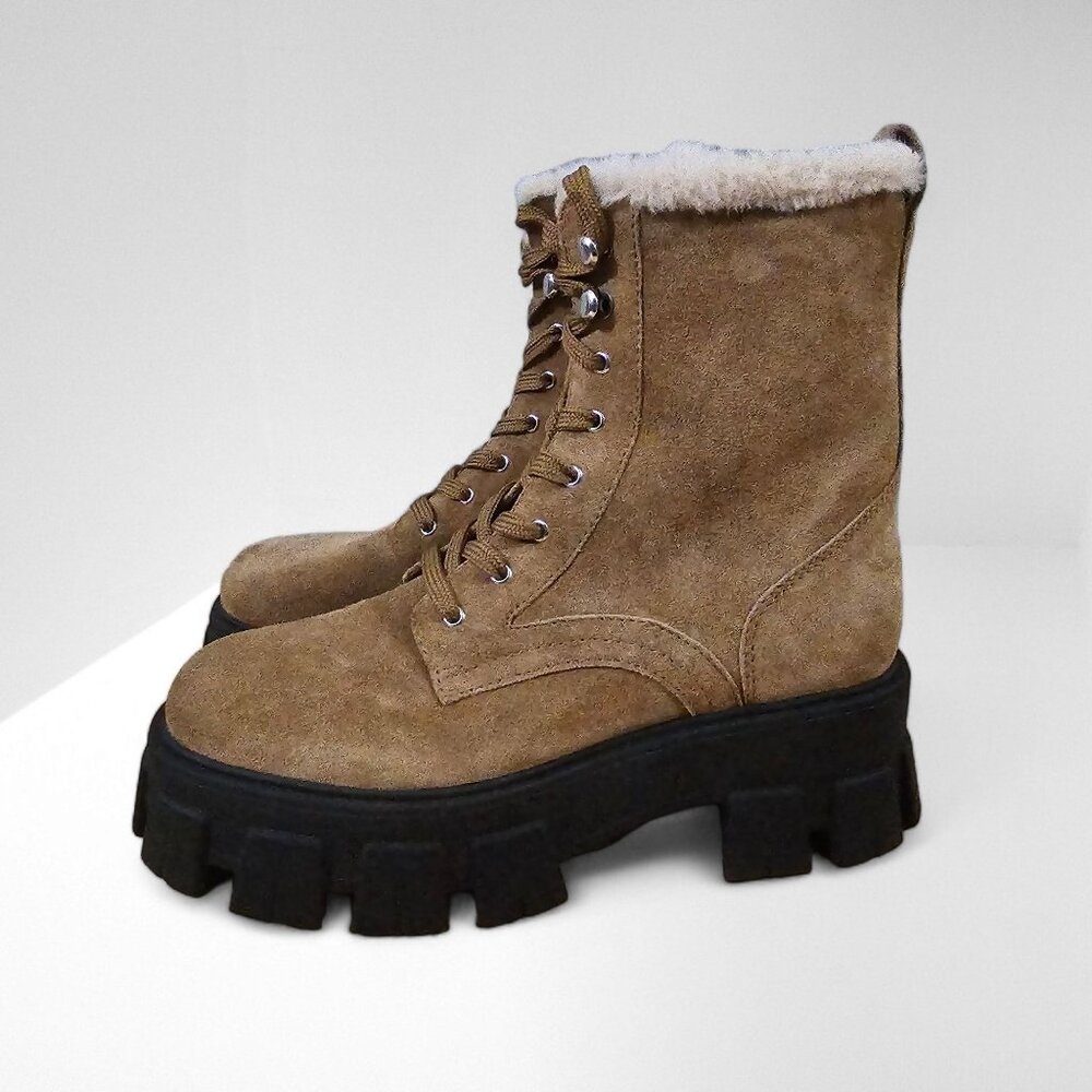 Marc Fisher Tan Suede Lace-Up Ankle Boots with Black Lug Sole